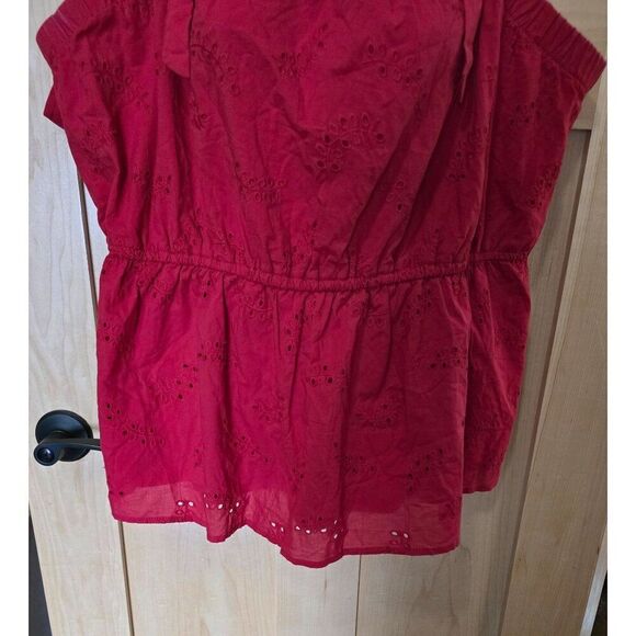 Red Eyelet Embroidered Sleeveless Top W Adjustable Tie Straps & Elastic Waist - Picture 3 of 11